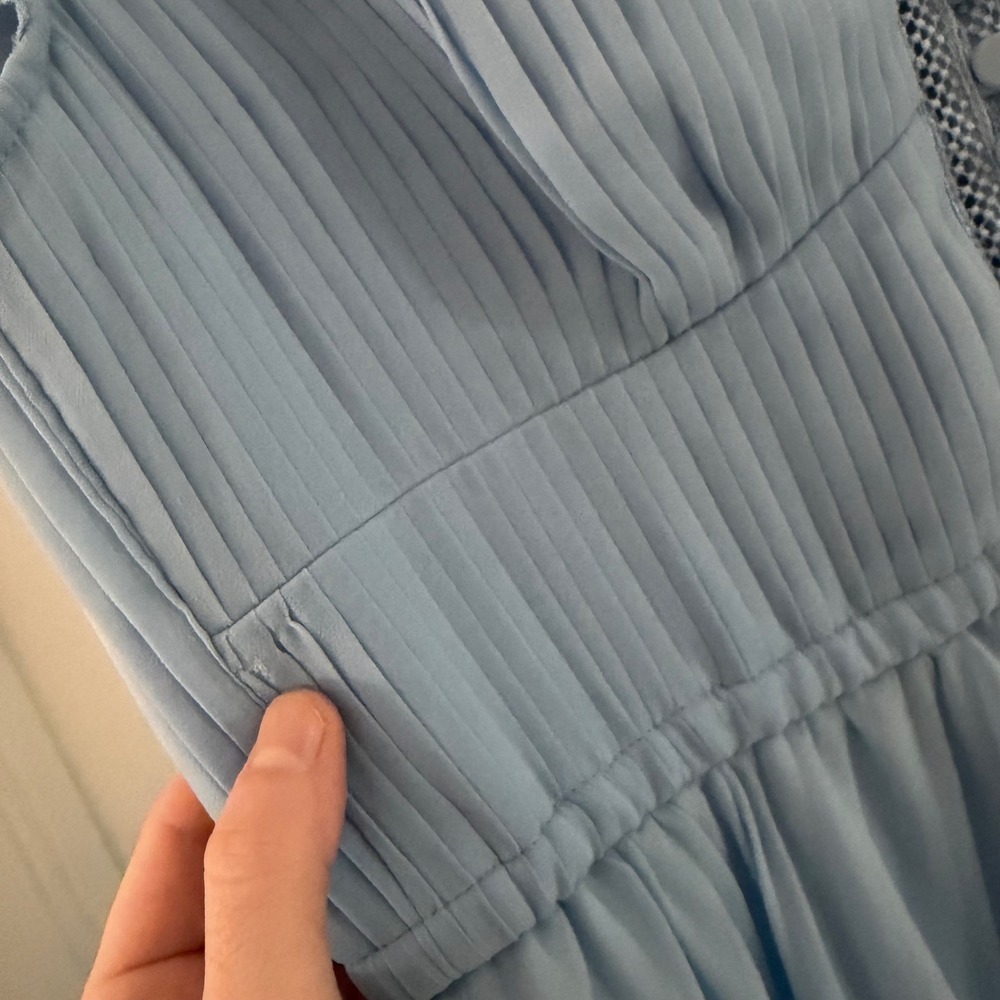 Self-Portrait Light Blue Chiffon Tiered Lace Midi Dress Pleated Short Sleeve - Picture 3 of 7